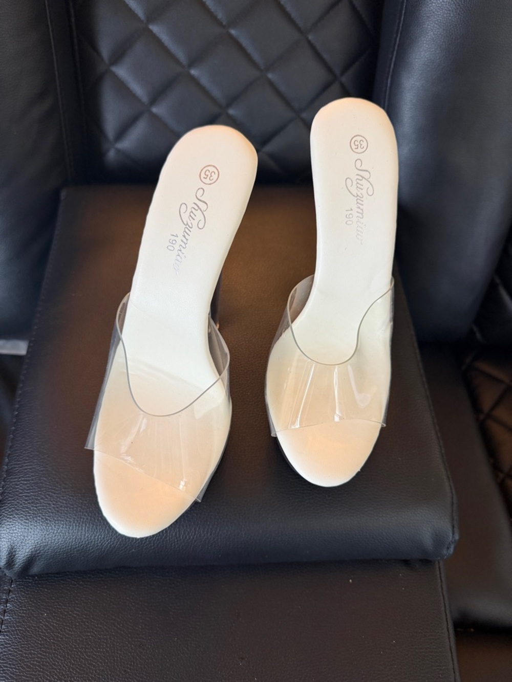 Clear Strap Nude Slide Heels by (unbranded)
